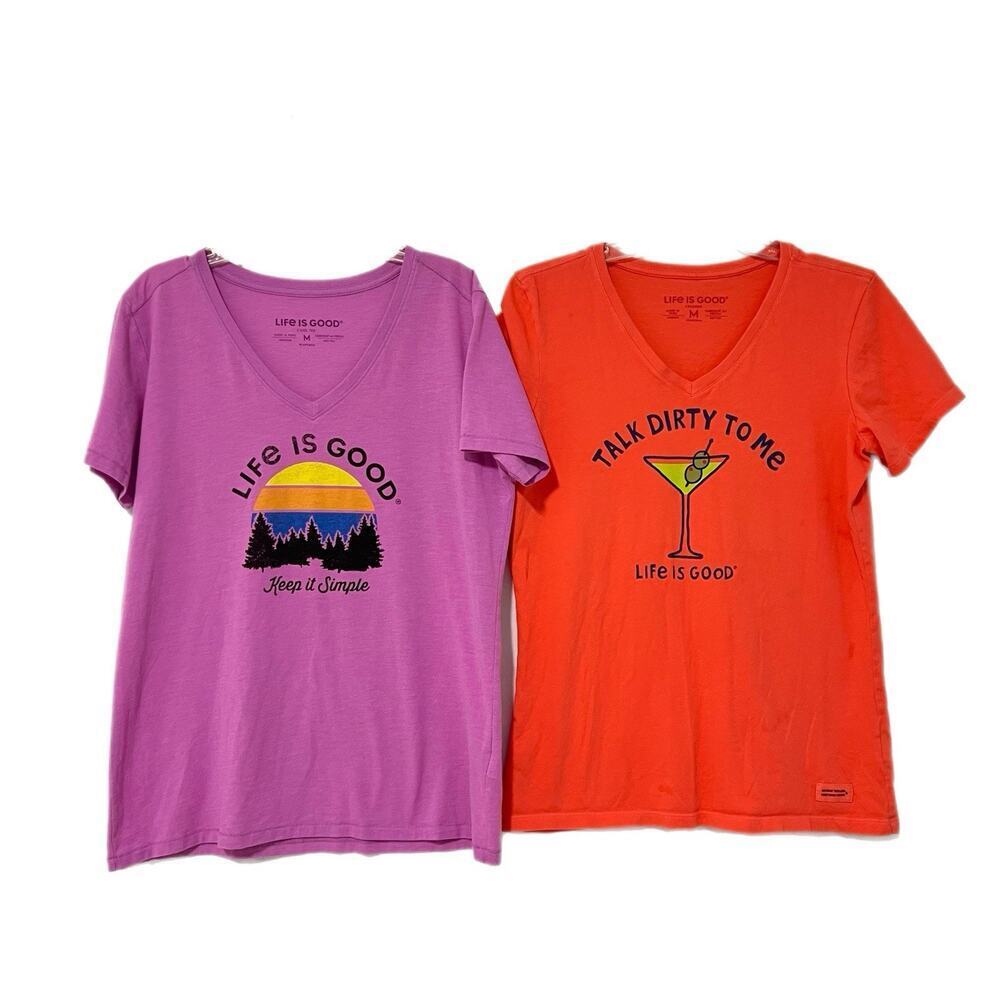 Life Is Good Lot Of 2 Tee Shirt Women Medium Crusher Cool V-neck Pink Orange